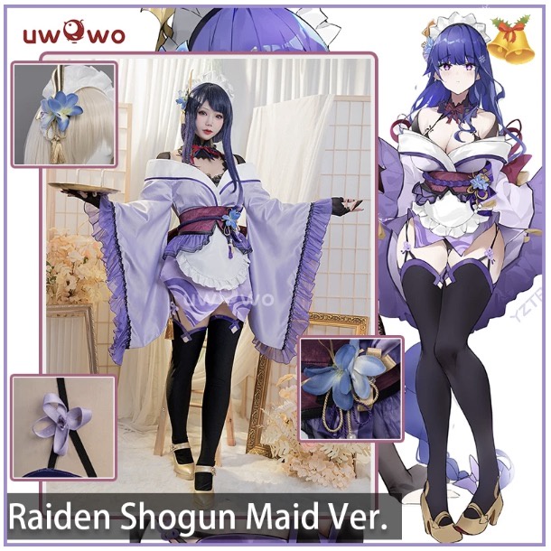 UWOWO Genshin Impact Fanart: Raiden Shogun Ei/Baal Kimono Maid Sexy Ver. 2-in-1 Maid&amp;Lingerie Cosplay Costume