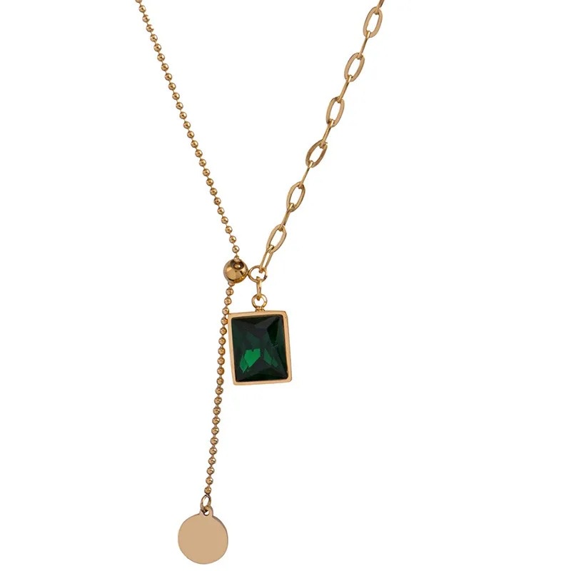 Rinhoo Baja titanium Persegi Zamrud Potongan Bulat Rumbai Liontin Kerah Rantai Kalung Wanita Yang Modis Dan Elegan Liontin Kalung