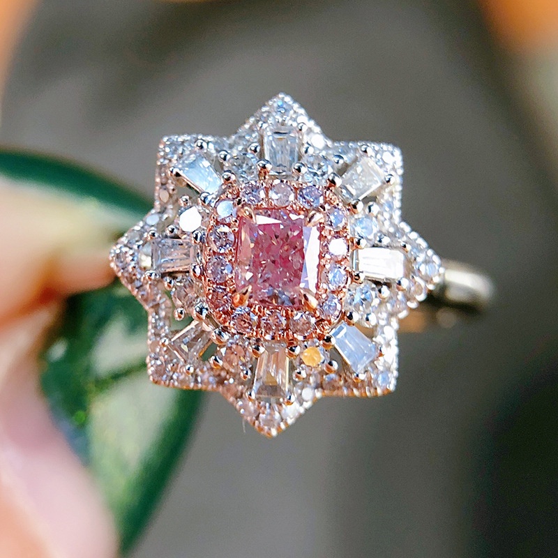 Goldkingdom Fashion Perhiasan Aksesoris Ready Stock Palsu Alami Argyle Merah Muda Berlian Cincin Mewah Bertatahkan Princess Square Diamond Female Ring