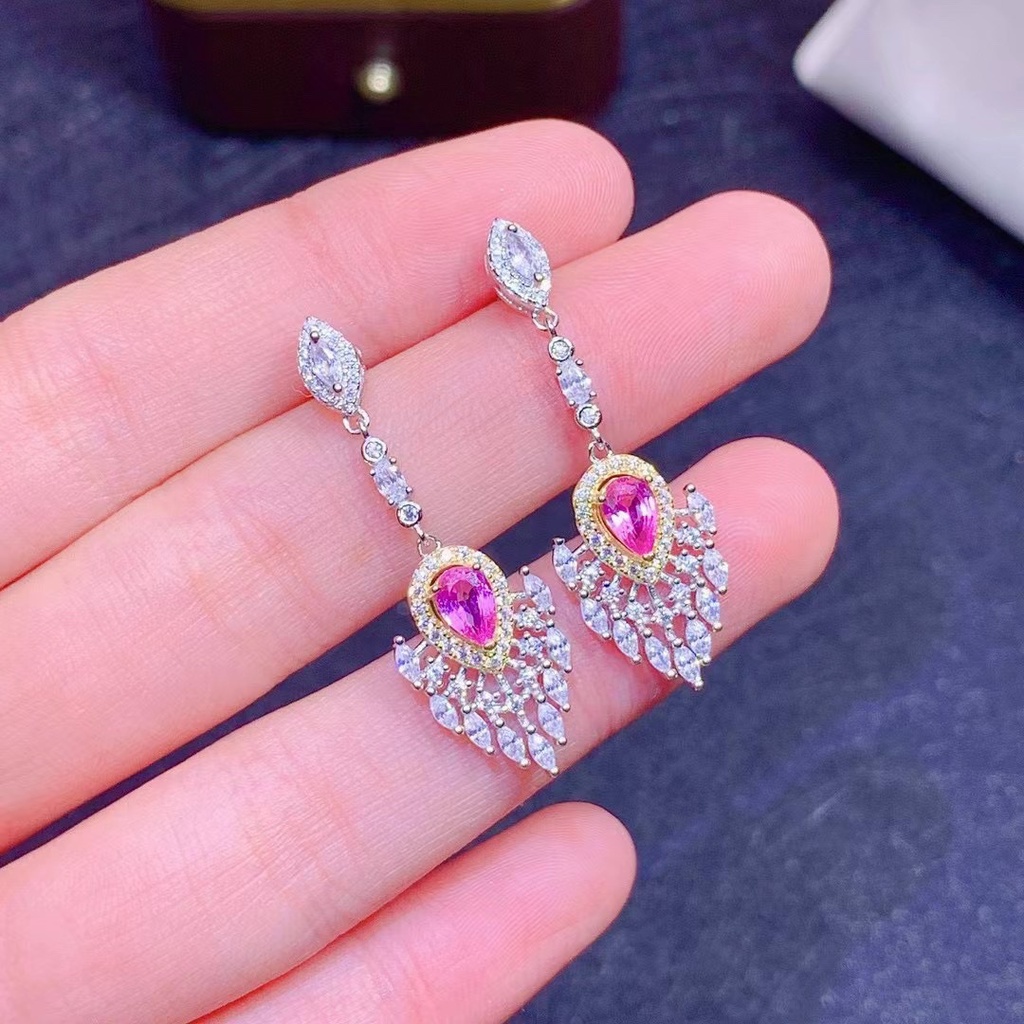 Goldkingdom Fashion Perhiasan Aksesoris Ready Stock Kesejahteraan Hidup Imitasi Alami Papara Hanya Pink Safir Anting Feminin Drop Earrings.