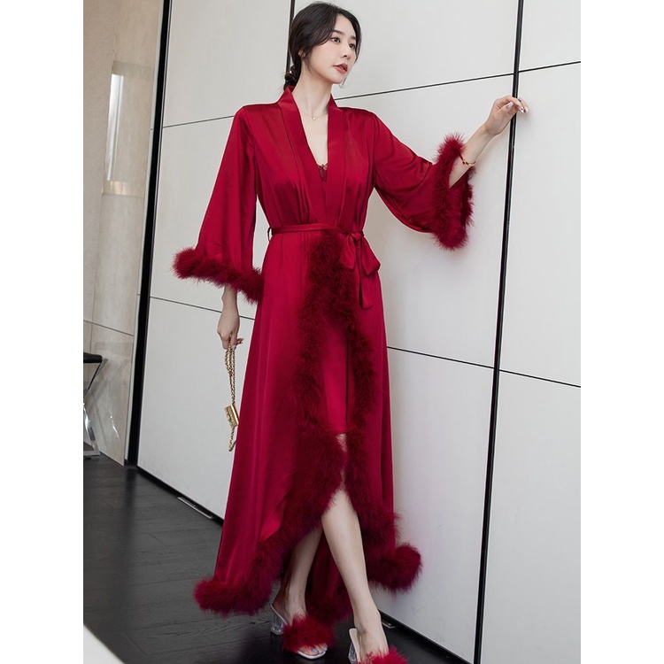 Premium Long Nightgown Wine Red Feather  New