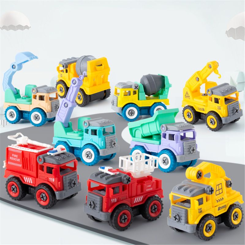 4pcs/set Mainan Konstruksi Teknik Mobil Truk Pemadam Kebakaran Sekrup Build and Take Apart Bagus Untuk Anak-Anak Laki-Laki