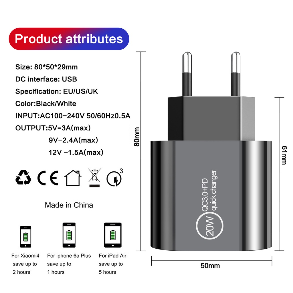 Pd Port 12W Dual c+USB Charging Charger Adaptor Cas Travel Multi Port USB+Charger 2PD Type-c Handphone Adoptor