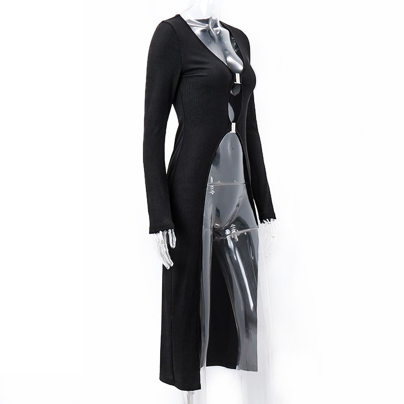 Red Xeemilo Seksi Logam Berongga Jahitan Lengan Panjang Top Wanita Musim Panas Niche Deep V-Leher Slim Fit T-shirt Panjang