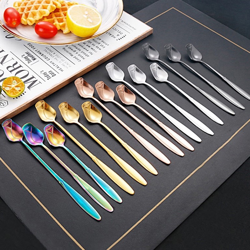 ღ Stainless Steel Rose Bunga Sendok Gagang Panjang Sendok Teh Madu Makanan Penutup Pencampuran Sendok Kopi Aksesoris Salad Buah Garpu Dapur peralatan Makan