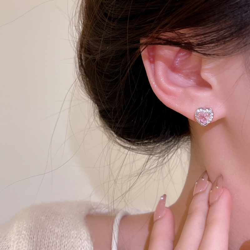 Hot Jual925 Perak Jarum Pink Zirkon Anting Hati Mewah Wanita Ear Studs