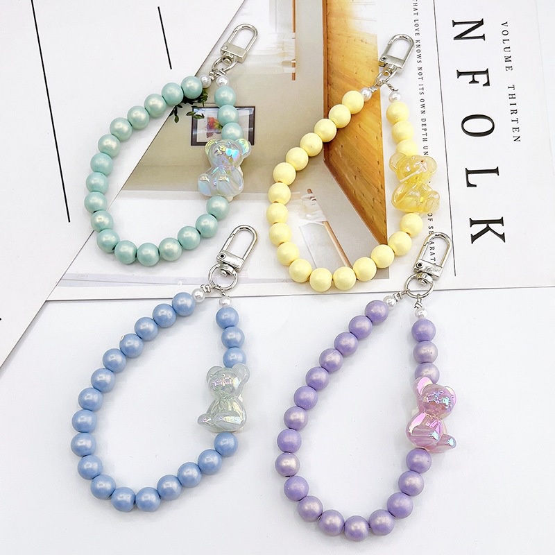 3d Pearlescent Bear Akrilik Warna Solid Manik-Manik Bulat Rantai Telepon Bluetooth Earphone Case Cover DIY Gantungan Kunci Universal Liontin Dengan Kait