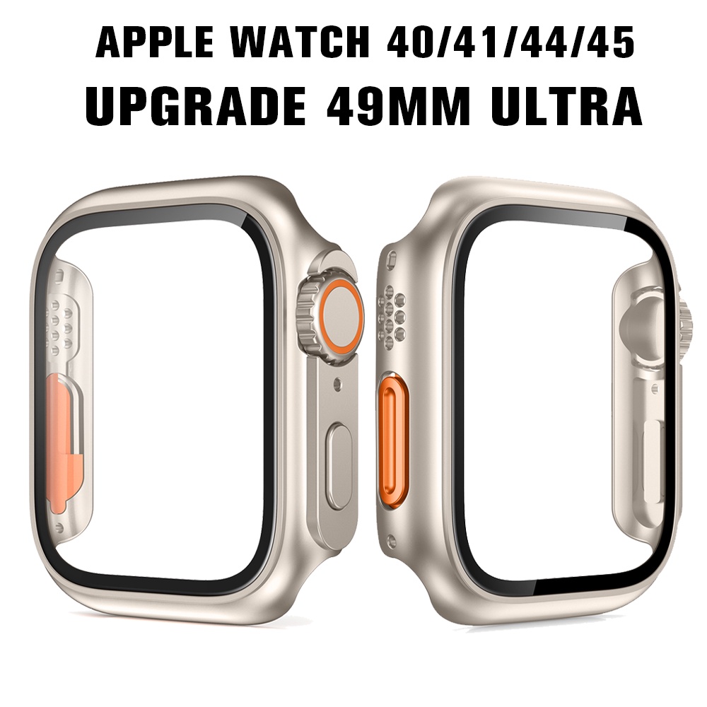 Casing Hard PC CaSE Dengan Kaca Tempered Untuk Apple Watch Series8 7 45mm Untuk iWatch 45 6 se 44mm Pelindung Layar upgrade Aksesoris