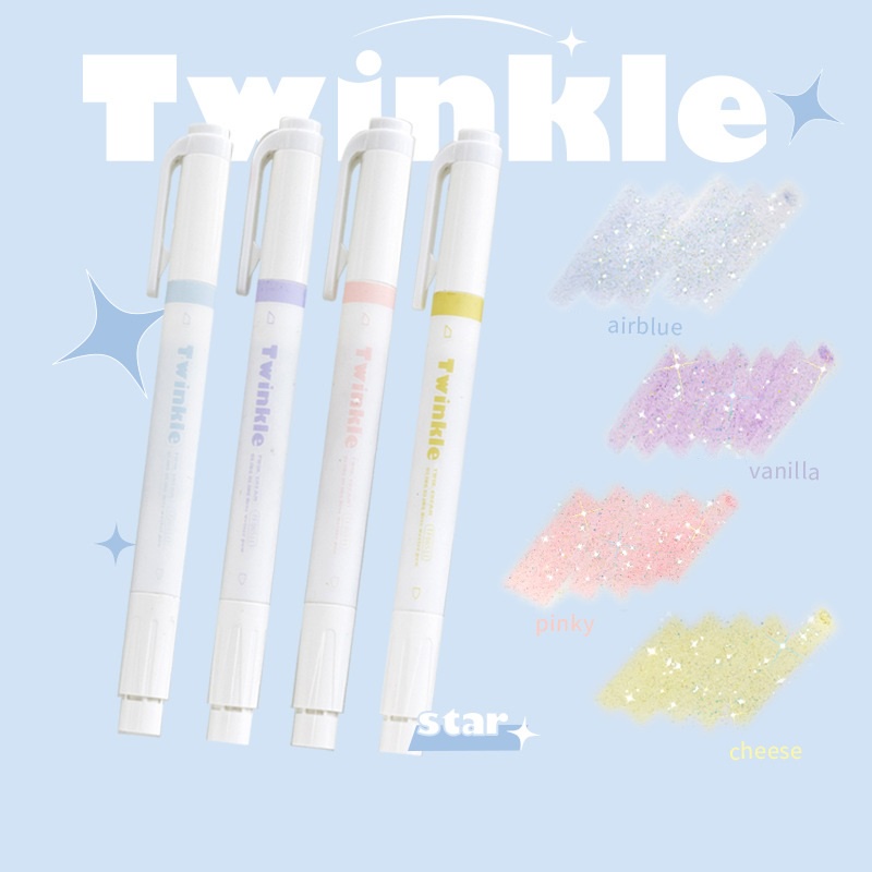 4pcs/set Twinkle Color Stabilo Pulpen Bling Bling Spidol Double Ended Pena Gambar Siswa Sekolah Perlengkapan Kantor Alat Tulis