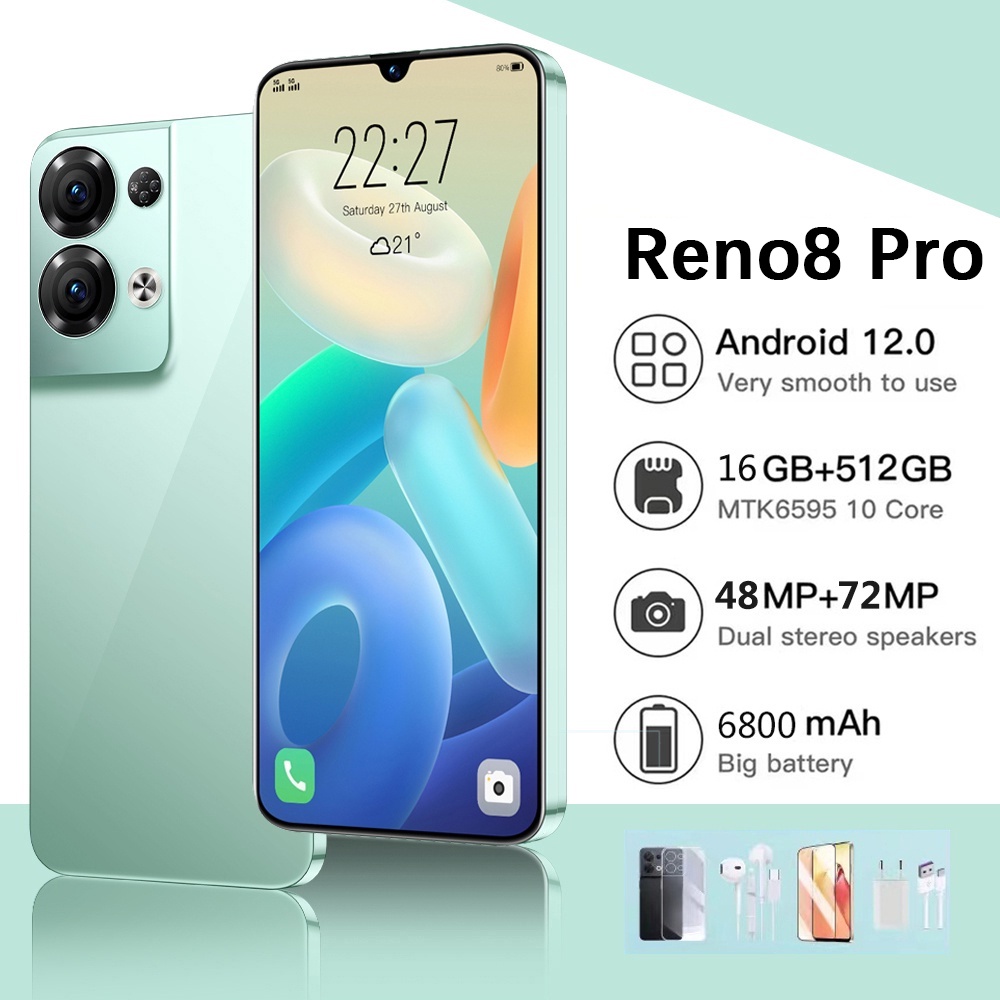 HP murahReno8 pro 5G Handphone Asli 12GB RAM+512GB ROM HD Kamerabesar Kecepatanrefresh tinggi 144Hz 