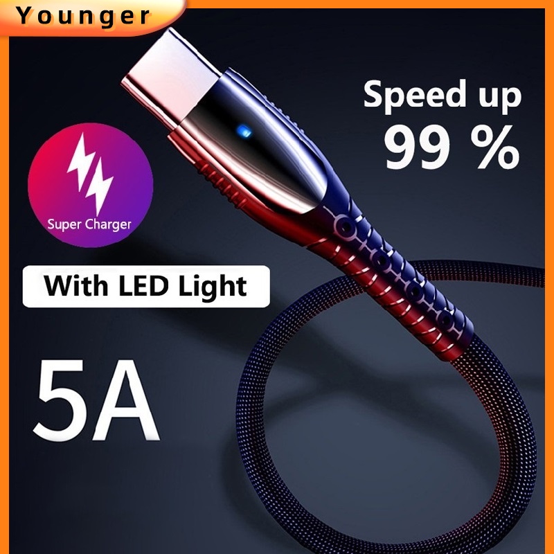 Kabel Cas Kain Lampu Led 5A Super Fast Charging Data LineZinc Alloy Fast Charging Cable Dengan Lampu Untuk Android Tipe-c