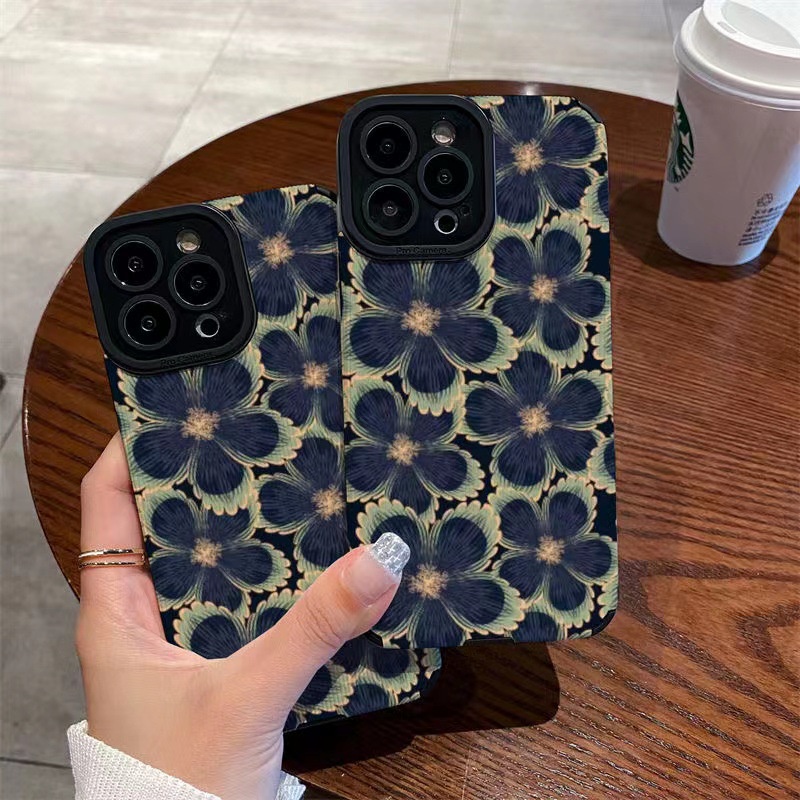 Leather Green Black Flower Soft Case for IPhone 6S 7 Plus 8 Plus X XS XR XS Max 11 13 12 14 PRO Max 14 Plus 13 12 Mini Pretty Case for Girl Women's Fashion