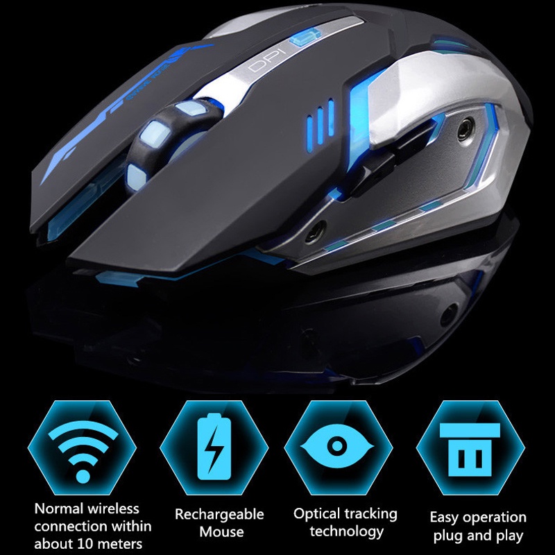 Rechargeable Wireless Gaming Mouse 7-color - 2.4Ghz 1600 DPI dengan LED Otomatis