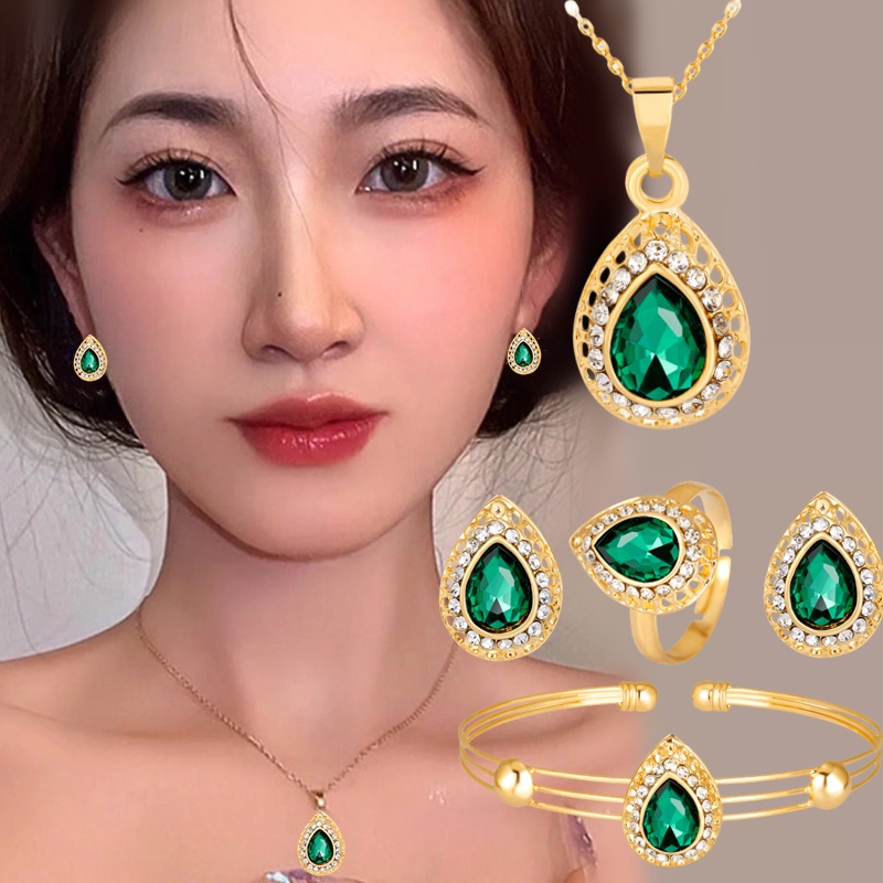 [AYBX] 1set Wanita Fashion Tetesan Air 4biji Kalung Anting Gelang Cincin Pesona Pengantin Pernikahan