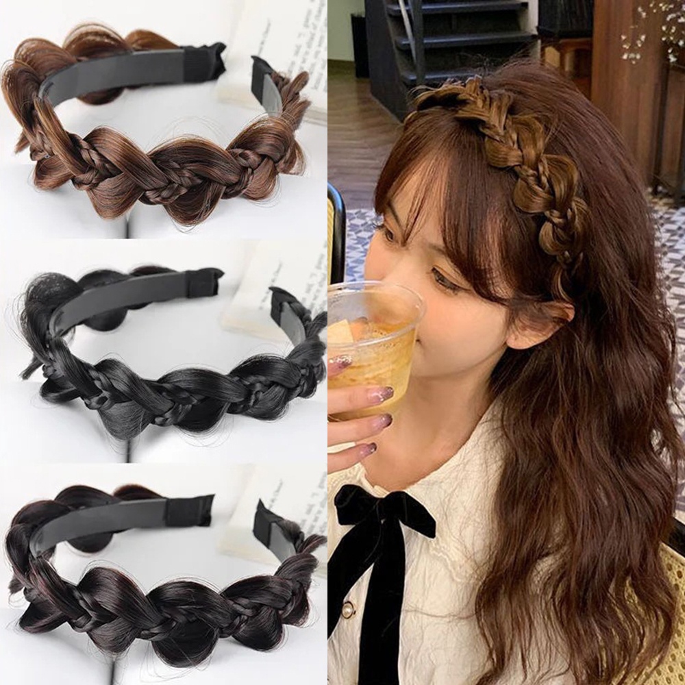 Wanita Gadis Twist Braided Wig Headband Alami Mulus Tak Terlihat Tulang Ikan Kepala Hoop Aksesoris Rambut