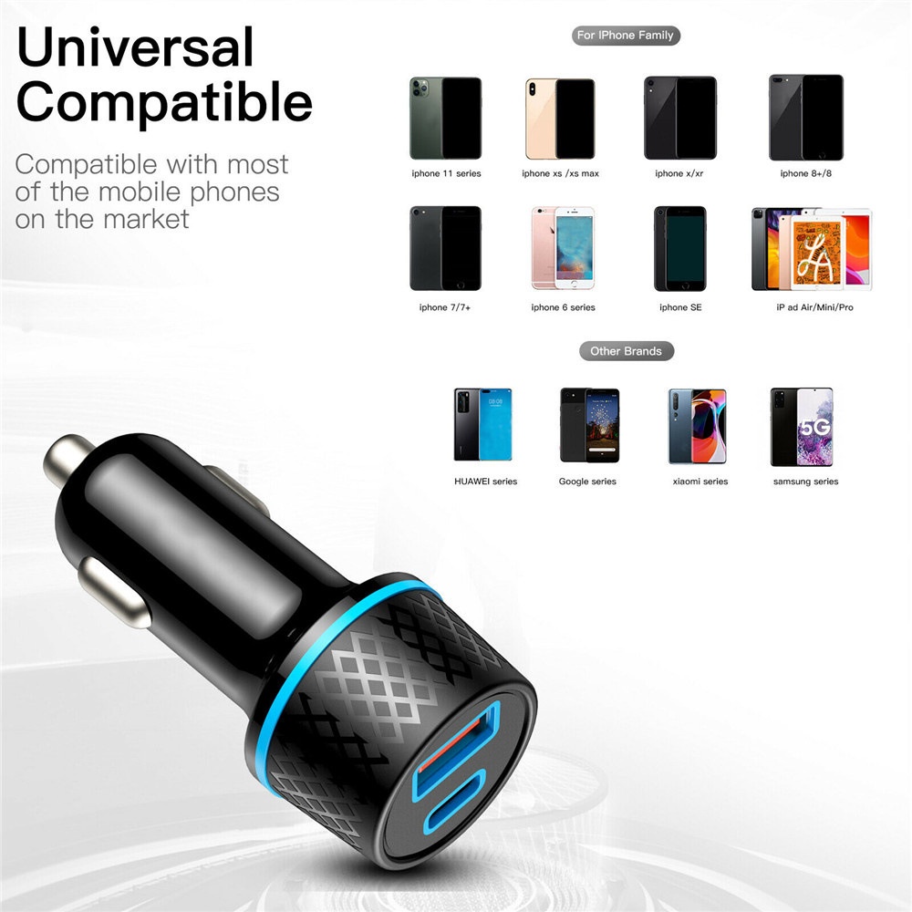 Dual Ports PD 20W Double Quick Car Charger Lampu Ring QC3.0 USB+Adaptor Mobil Port Tipe-C Untuk i-Phone Android Type C Travel Adoptor Charger