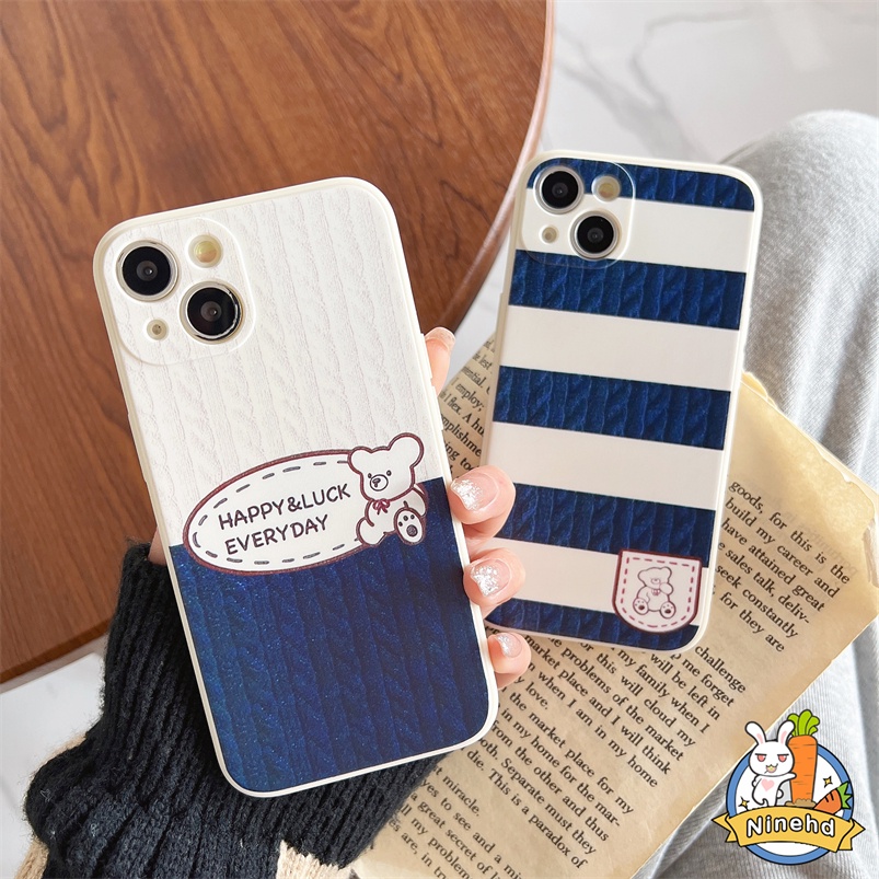 Soft Case Bahan Silikon Motif Beruang Garis Biru Untuk iPhone 14 13 12 11 Pro Max SE 2020 Xr X Xs Max iPhone 7 8 6 6s Plus Ins Bear Blue Striped Phone Case All-inclusive Soft Silicone Anti-fall Phone Cover