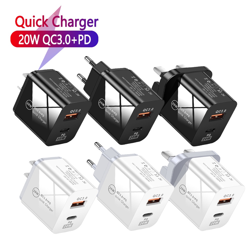 20w QC3.0 Pengisian Cepat PD Adoptor Charger Android USB-A+Type-C Dual-Port Standard Charging Adapter Charger Untuk Handset