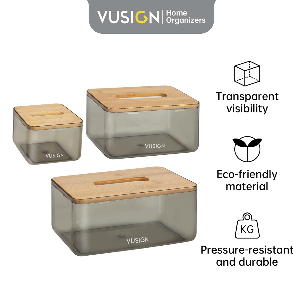 Vusign Tissue Box / Kotak Tissue Transparan Kayu Bambu Alas Anti Slip VS47X