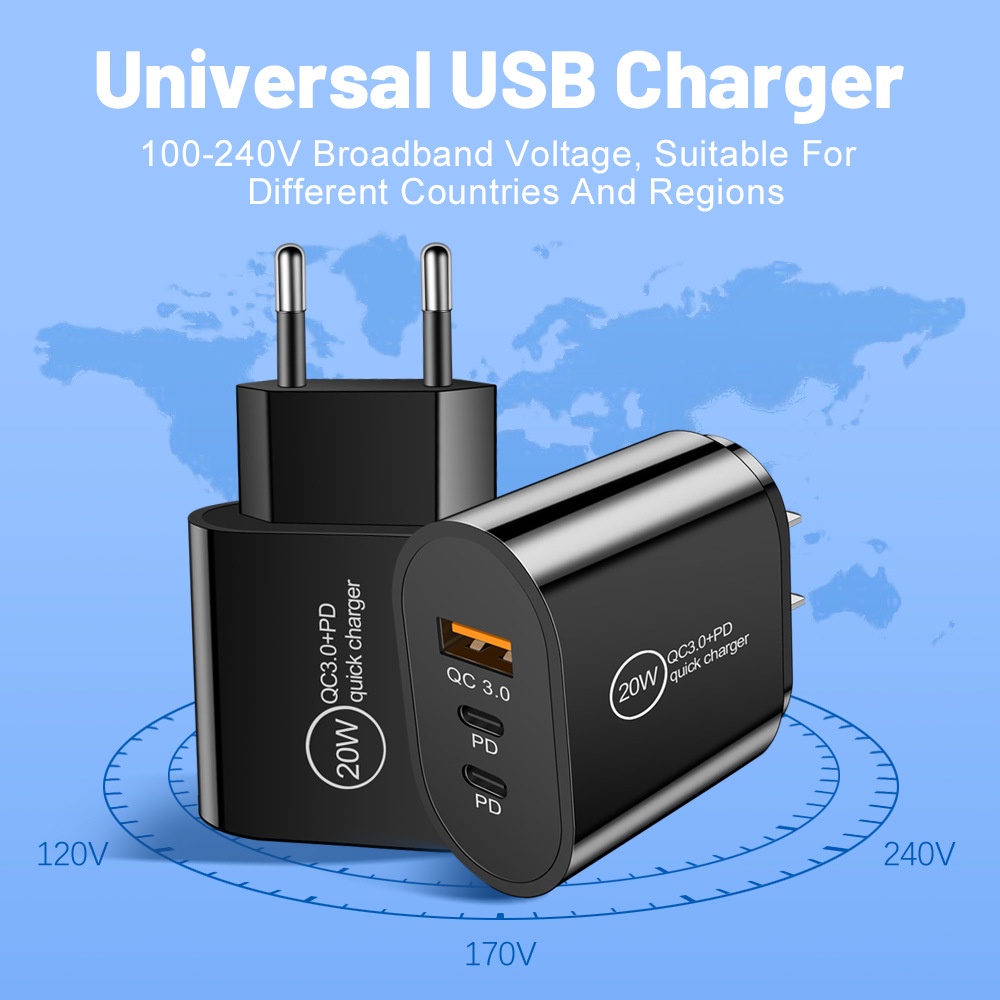 Pd Port 12W Dual c+USB Charging Charger Adaptor Cas Travel Multi Port USB+Charger 2PD Type-c Handphone Adoptor