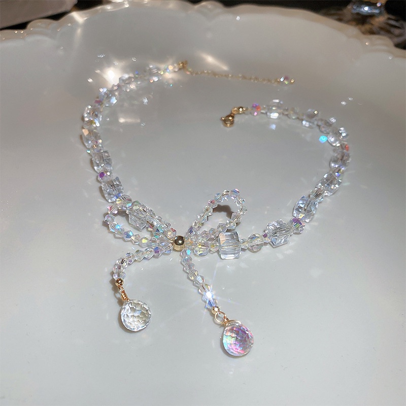 Kalung Busur Kristal Fashion Korea Niche Cahaya Mewah Rantai Klavikula