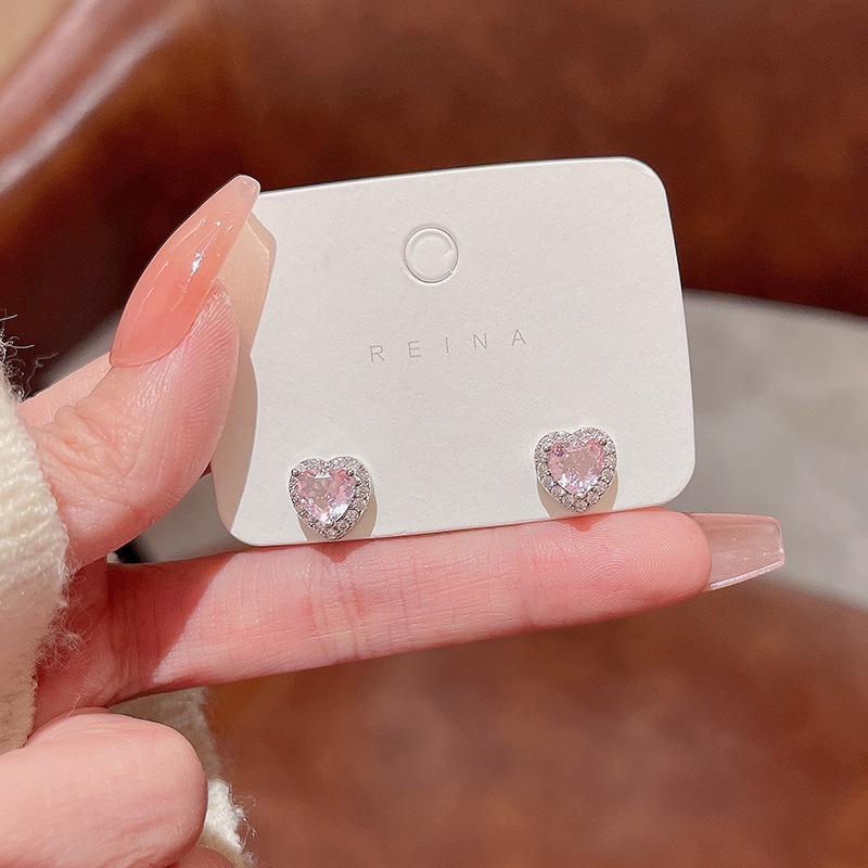 Hot Jual925 Perak Jarum Pink Zirkon Anting Hati Mewah Wanita Ear Studs