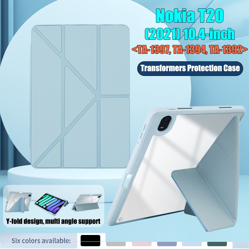 Untuk Nokia T20 (2021) 10.4 &quot;TA-1397 TA-1394 TA-1392 Fashion High End Akrilik Bening Y-Bracket Transformers Flip Stand Case Tablet Penutup Pelindung