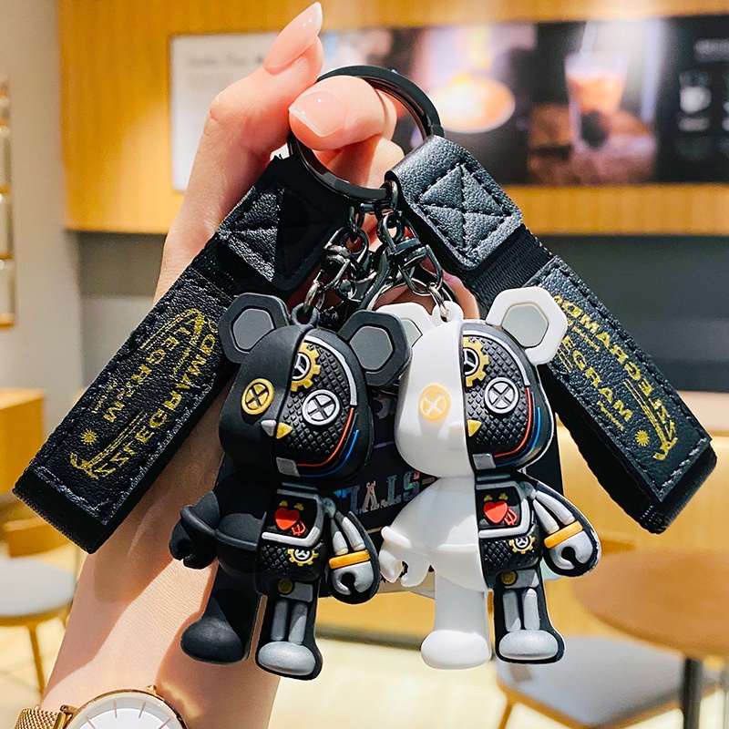 Lucu Setengah Tengkorak Tubuh robot Mekanik Beruang Gantungan Kunci Keren Punk Hewan Keyring Mobil Tas Liontin