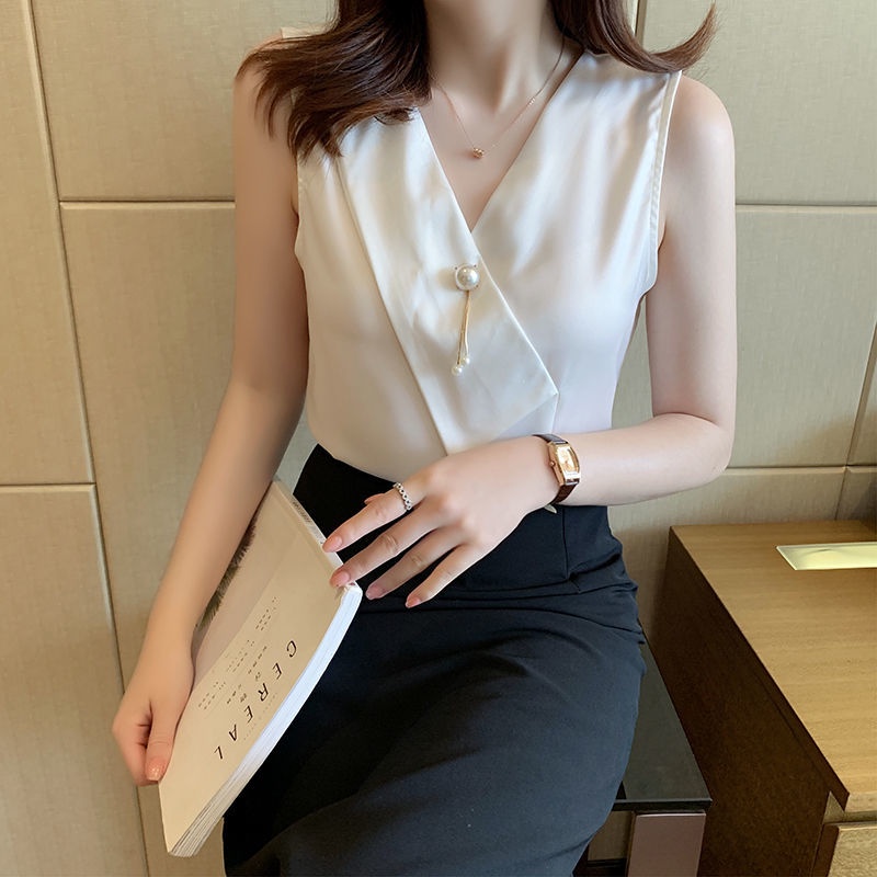 Kemeja sifon wanita musim panas rompi Prancis atasan tanpa lengan baru