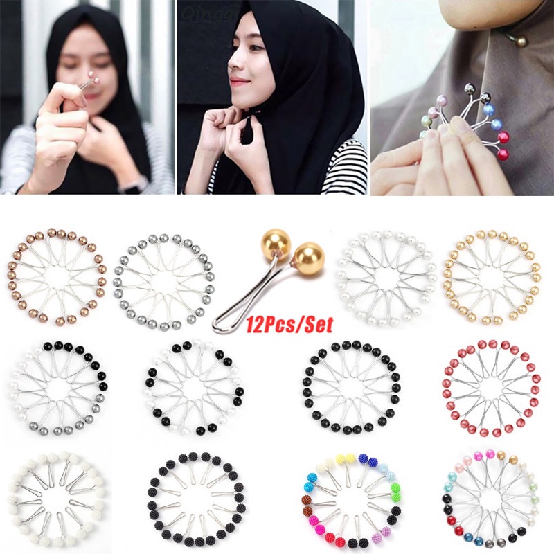 12 Pcs/Pack Lady Muslim Syal Jilbab Klip Bros Mutiara Pin Tetap Jilbab Bros Pesona Perhiasan Hadiah Untuk Teman Perempuan