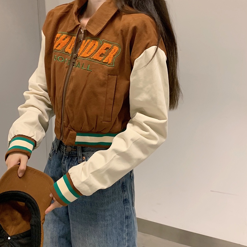 Jaket Baseball Crop Wanita Vintage Jacket Kekinian Korean Style