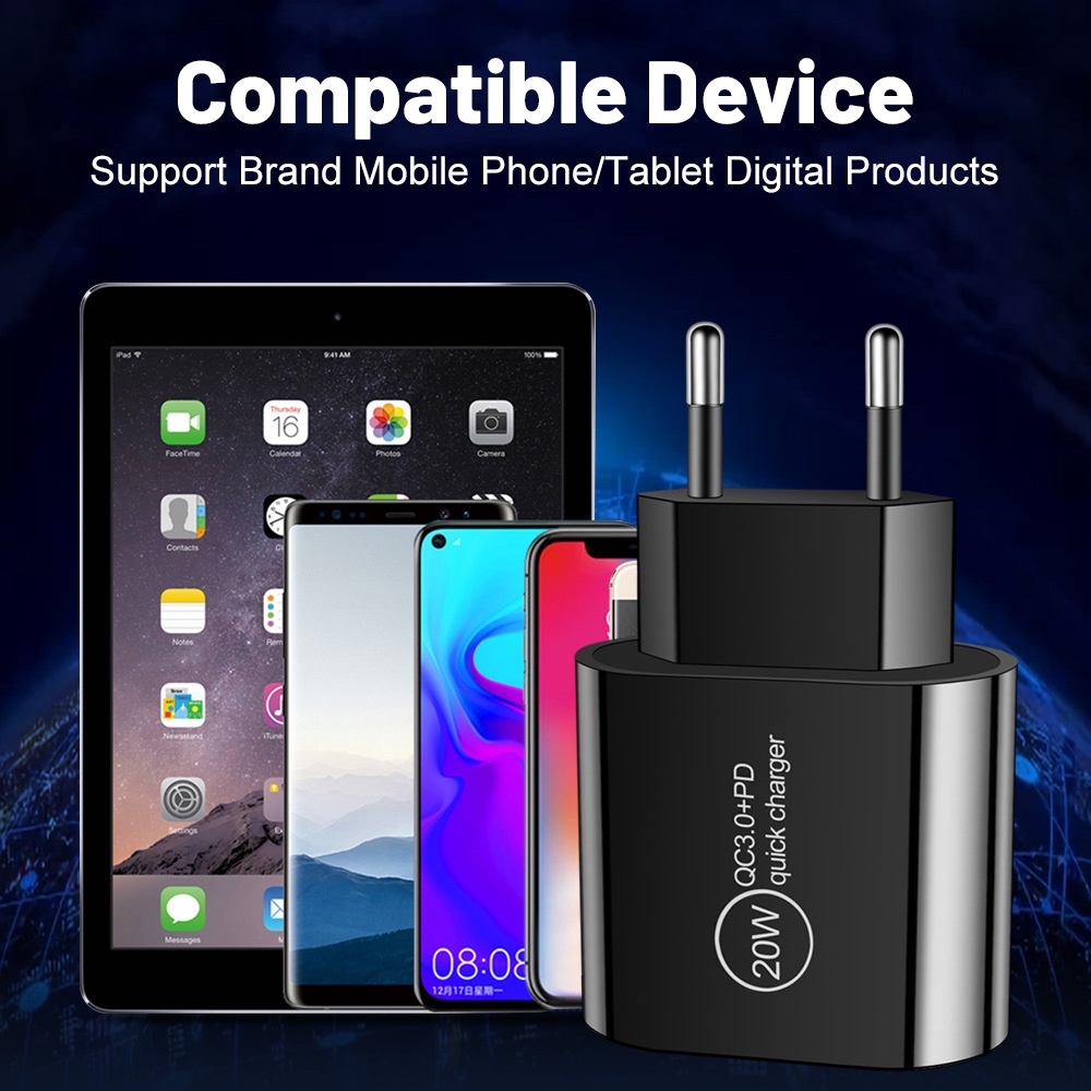 Pd Port 12W Dual c+USB Charging Charger Adaptor Cas Travel Multi Port USB+Charger 2PD Type-c Handphone Adoptor