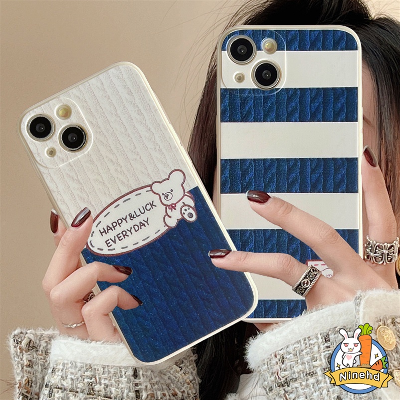 Soft Case Bahan Silikon Motif Beruang Garis Biru Untuk iPhone 14 13 12 11 Pro Max SE 2020 Xr X Xs Max iPhone 7 8 6 6s Plus Ins Bear Blue Striped Phone Case All-inclusive Soft Silicone Anti-fall Phone Cover