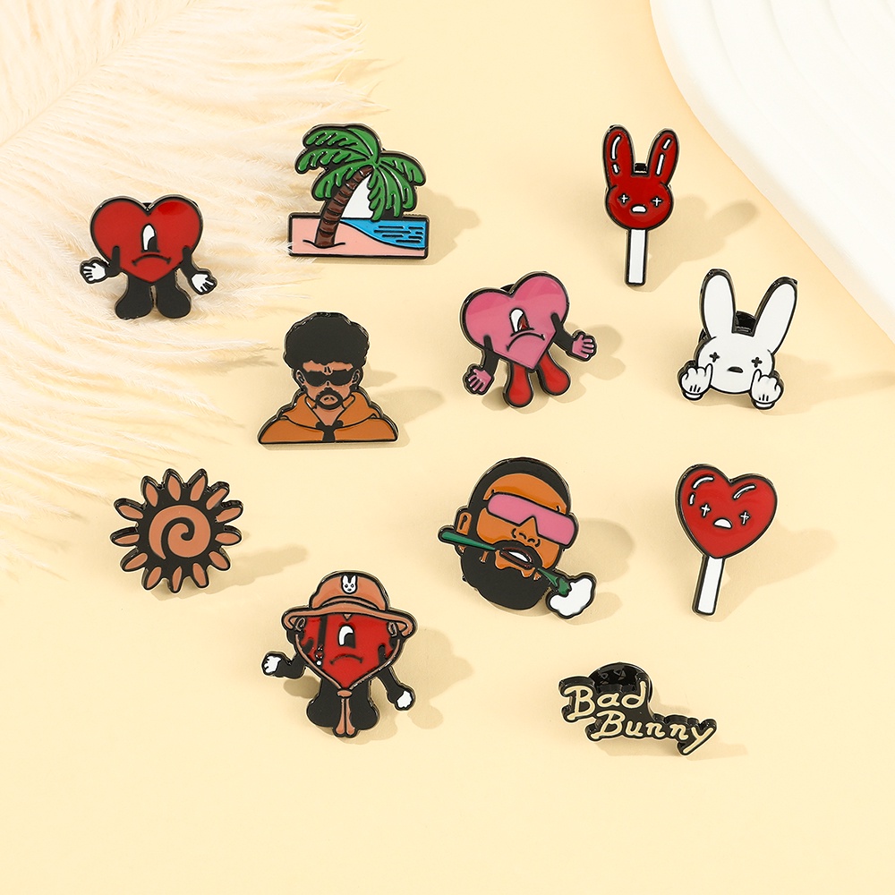 Lucu Bad Bunny Bros Merah Hati Rapper Bad Rabbit Enamel Pin Pakaian Ransel Pin Kartun Perhiasan Aksesoris Hadiah Untuk Anak-Anak