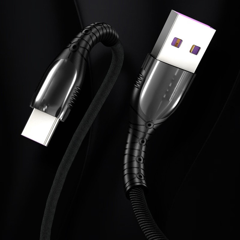 Kabel Cas Kain Lampu Led 5A Super Fast Charging Data LineZinc Alloy Fast Charging Cable Dengan Lampu Untuk Android Tipe-c