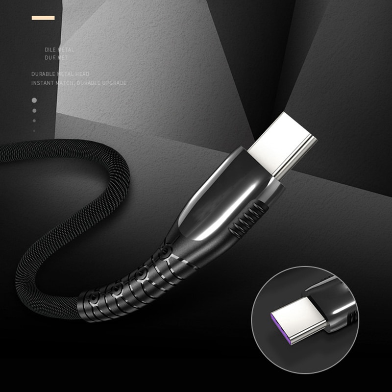 Kabel Cas Kain Lampu Led 5A Super Fast Charging Data LineZinc Alloy Fast Charging Cable Dengan Lampu Untuk Android Tipe-c