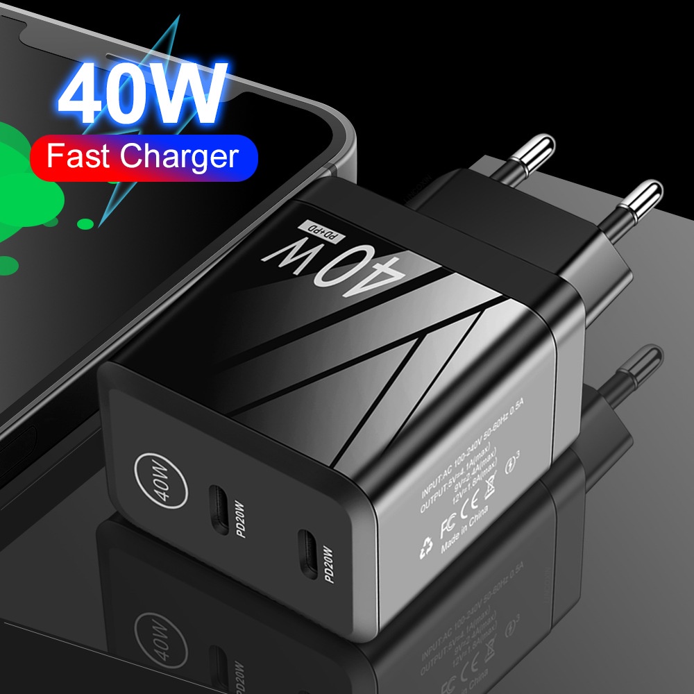 40w Double PD Quick Fast Adapter Charger 2Port PD Quiky Adoptor Charger Dule Tipe C Adaptor Charger Dinding Cepat PD Dual-Port Flash Charging Travel Charger