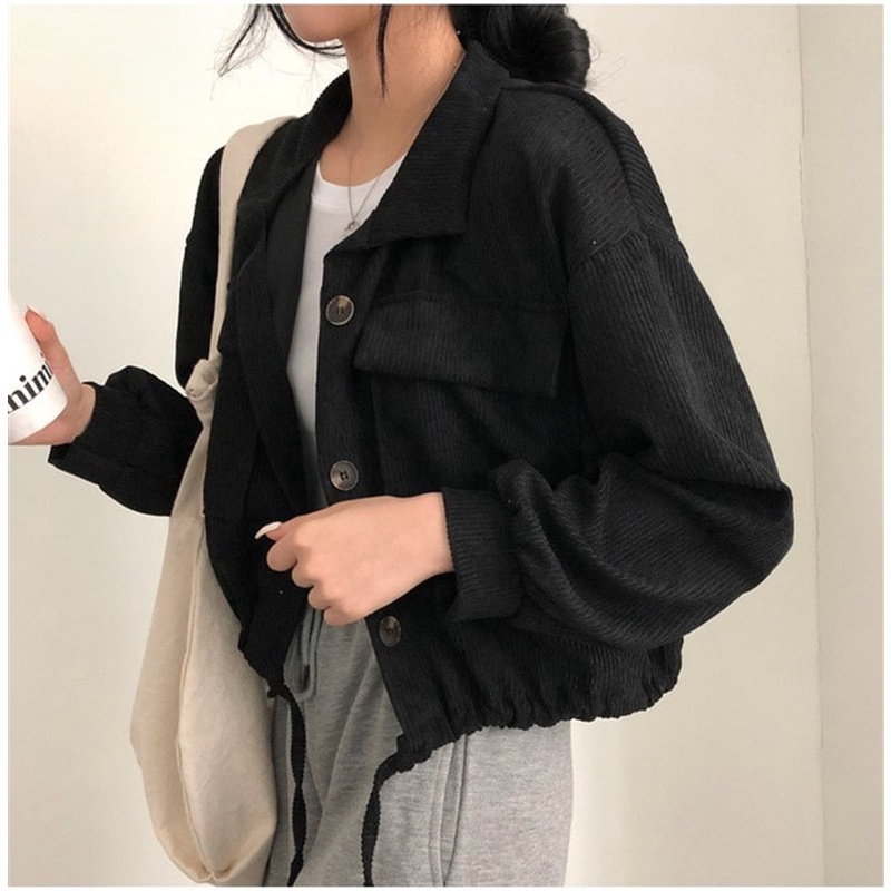 EUNII Jaket Crop Lengan Panjang Corduroy Wanita Jacket Korean Style