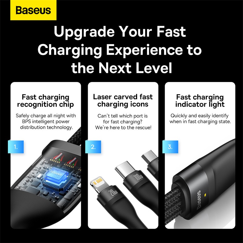 Baseus 3IN1 100W Kabel Data Baseus Flash Series Fast Charging Micro Lightning Iphone Type C