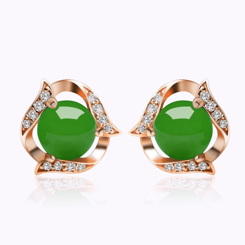 Goldkingdom Fashion Perhiasan Aksesoris Ready Stock Hotan Jade Earrings Wanita Perak Berlapis Bertatahkan Giok Anting Anting Giok Hijau Kalsedon Anting