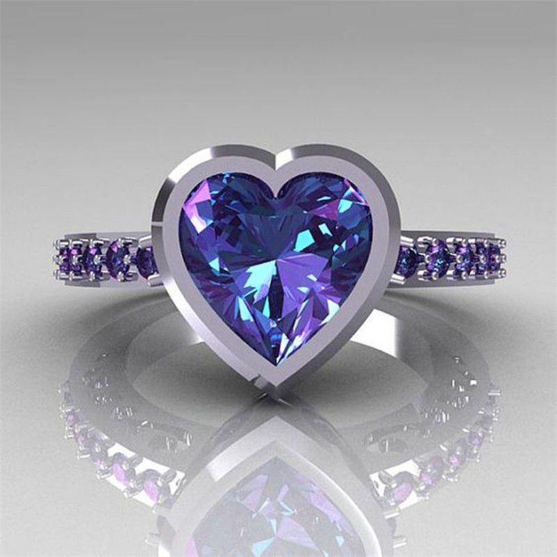 Goldkingdom Aksesoris Perhiasan Fashion Ready Stock Amethyst Heart Set Cincin Berlian Occidental Perhiasan Cincin Pertunangan Wanita