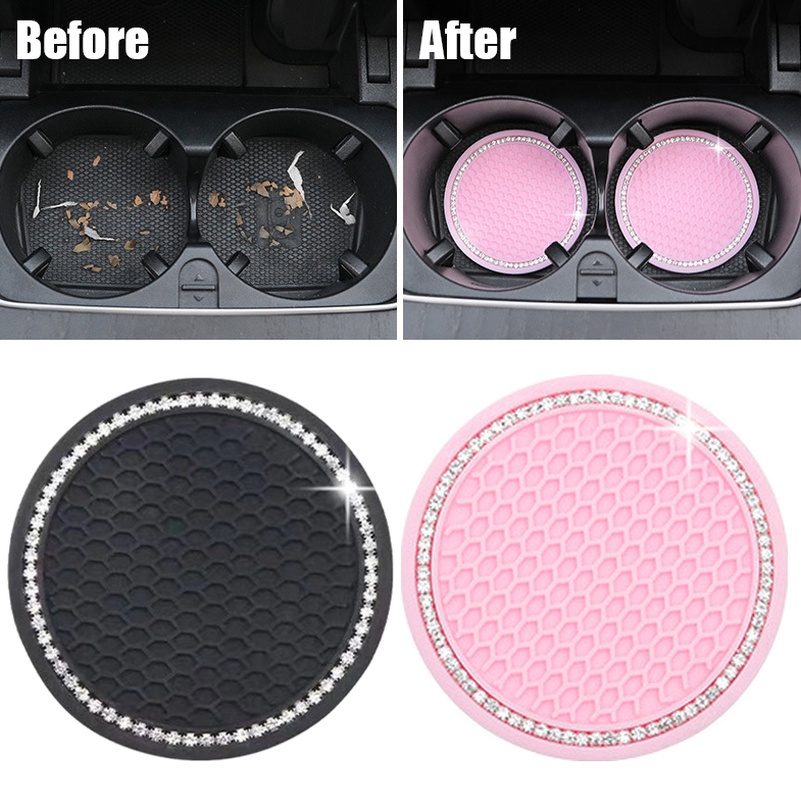 2pcs Mobil Putaran Grid Sarang Lebah Non-slip Air Cup Pad Berlian Imitasi Bling Dekorasi Karet Peredam Panas Tikar Auto Interior Aksesoris