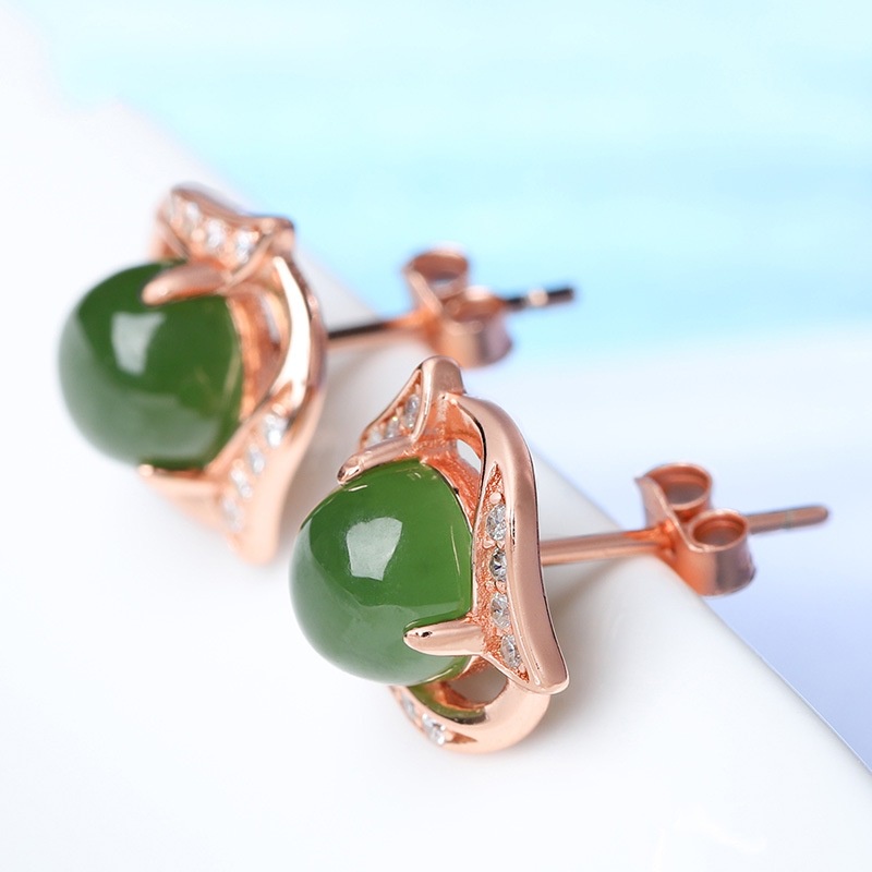 Goldkingdom Fashion Perhiasan Aksesoris Ready Stock Hotan Jade Earrings Wanita Perak Berlapis Bertatahkan Giok Anting Anting Giok Hijau Kalsedon Anting