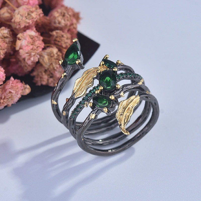 Goldkingdom Fashion Perhiasan Aksesoris Ready Stock Kreatif Daun Bulu Berwarna Berlian Permata Cincin Eropa Dan Amerika Nenek Zamrud Pertunangan Cincin Gadis