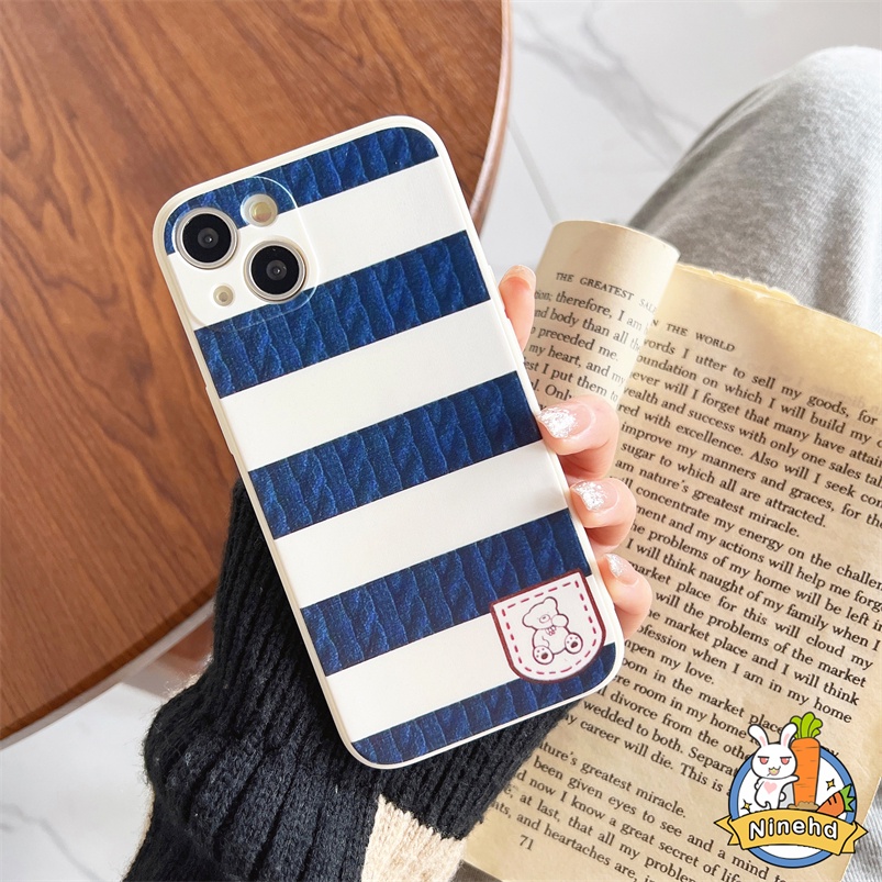 Soft Case Bahan Silikon Motif Beruang Garis Biru Untuk iPhone 14 13 12 11 Pro Max SE 2020 Xr X Xs Max iPhone 7 8 6 6s Plus Ins Bear Blue Striped Phone Case All-inclusive Soft Silicone Anti-fall Phone Cover