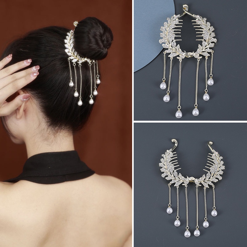 Alloy Berlian Imitasi Bunga Jepit Rambut Rumbai Manik-Manik Ponytail Hair Clip Aksesoris Rambut Wanita