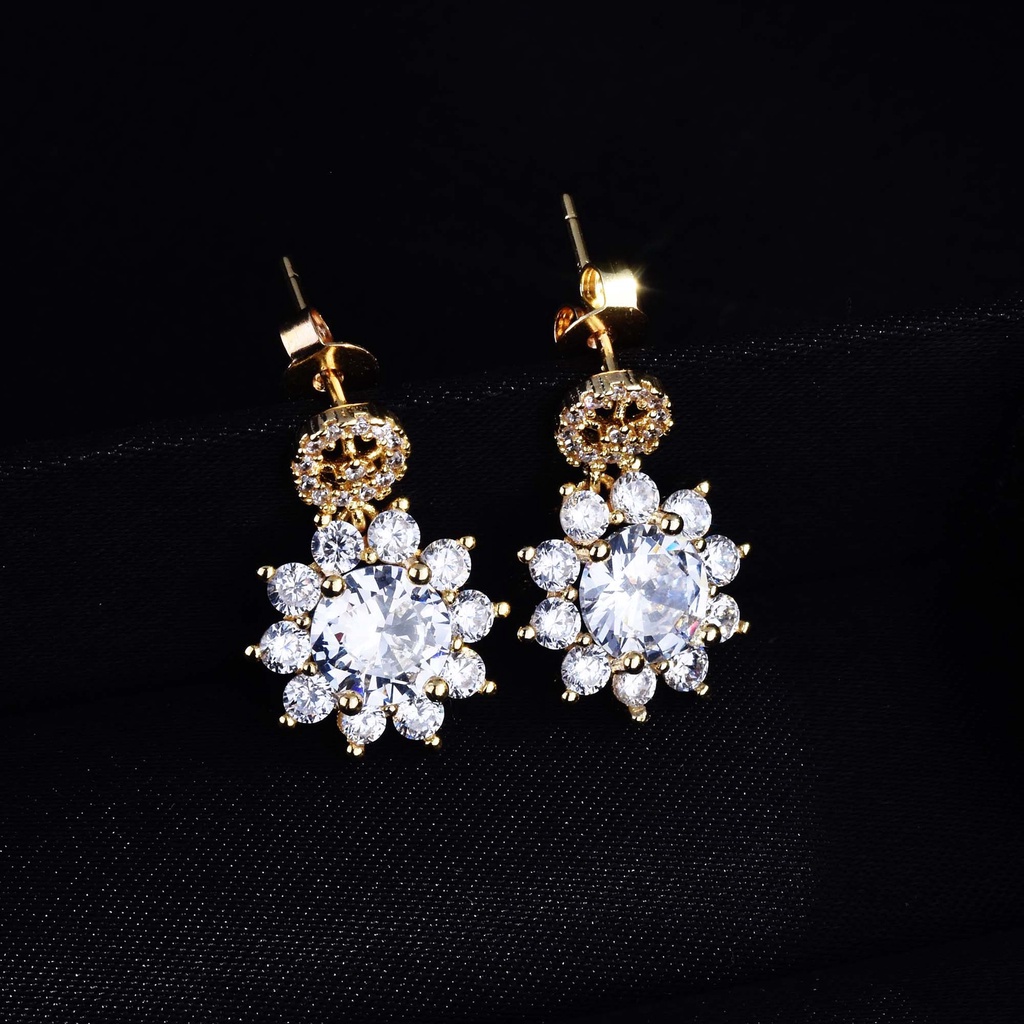 Goldkingdom Fashion Perhiasan Aksesoris Ready Stock Cahaya Mewah Super Berkilau Bunga Matahari Liontin Retro Salju Istana Bunga Angin Telinga Stud Kalung Perempuan