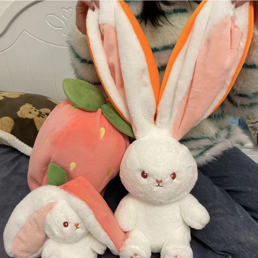 Strawberry Rabbit Plush Cute Bunny Telinga Panjang 2in1 Buah Hewan Boneka Boneka Wortel Outfit Kostum Boneka Cosplay Mainan Mewah