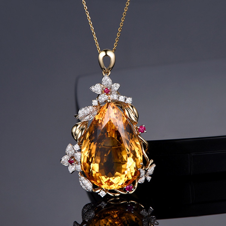 Goldkingdom Fashion Perhiasan Aksesoris Ready Stock Imitasi Baru Brasil Natural Citrine Water Drop Pendant 20x30mm Oversized Bird's Nest Cut Main Stone Color Treasure Necklace