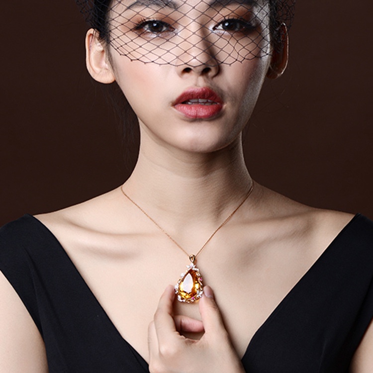 Goldkingdom Fashion Perhiasan Aksesoris Ready Stock Imitasi Baru Brasil Natural Citrine Water Drop Pendant 20x30mm Oversized Bird's Nest Cut Main Stone Color Treasure Necklace